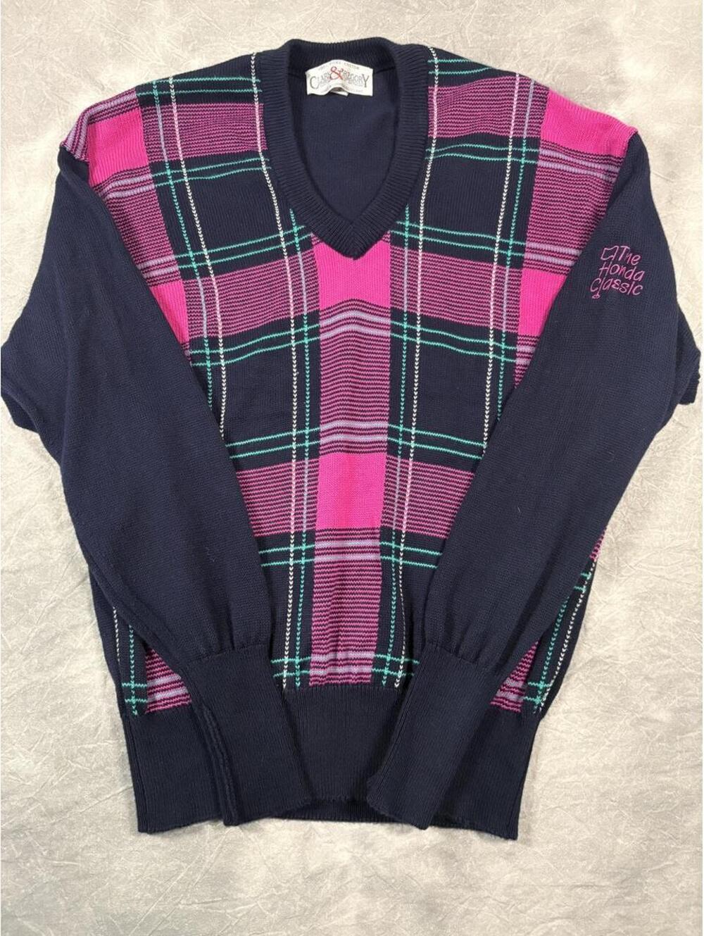 Vintage 80s / 90s Honda Classic Scottish Sweater Pink Tartan Plaid Made Scotland